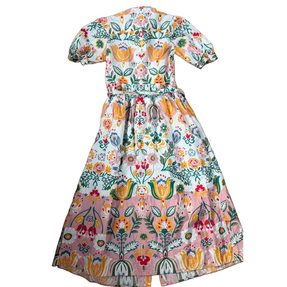 Boden Alexa Floral Multicolor Cotton Shirt Midi Dress Tie Waist Puff Sleeve Sz 8 - Picture 6 of 13